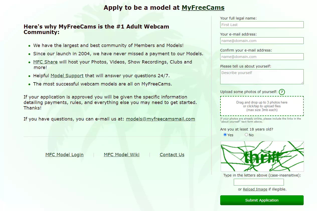 Регистрация модели на Myfreecams