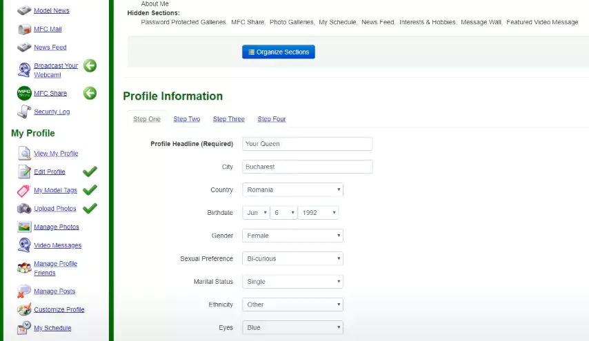 Ниже в этом же меню представлен блок Profile