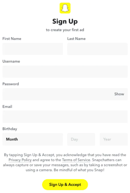 Snapchat форма регистрации